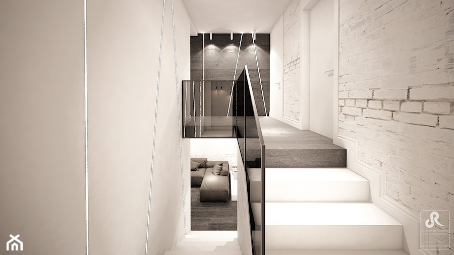 jazz house - Schody dwubiegowe drewniane, styl minimalistyczny - zdjęcie od Otwarte Studio Sztuka