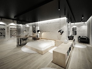 Dwa warianty strefy prywatnej - Duża z biurkiem sypialnia na antresoli - zdjęcie od Otwarte Studio Sztuka