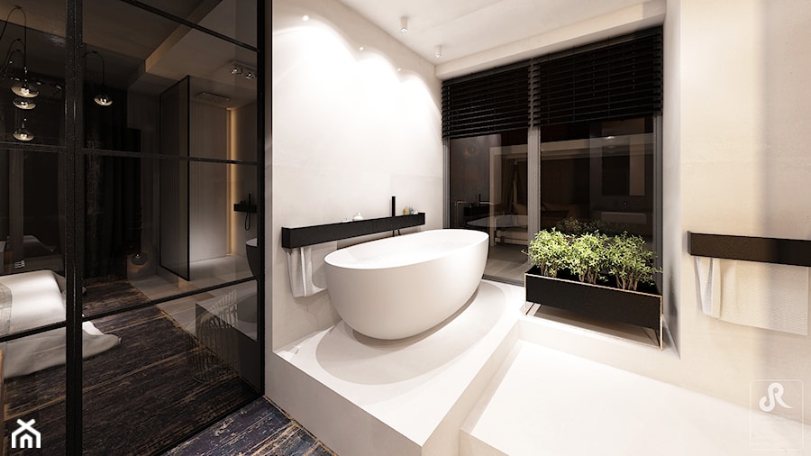 DRAFT WOOD - Średnia jako pokój kąpielowy z punktowym oświetleniem łazienka z oknem, styl industrialny - zdjęcie od Otwarte Studio Sztuka