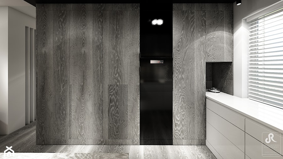deep focus - Średnia otwarta biała z zabudowaną lodówką kuchnia w kształcie litery l, styl minimalistyczny - zdjęcie od Otwarte Studio Sztuka
