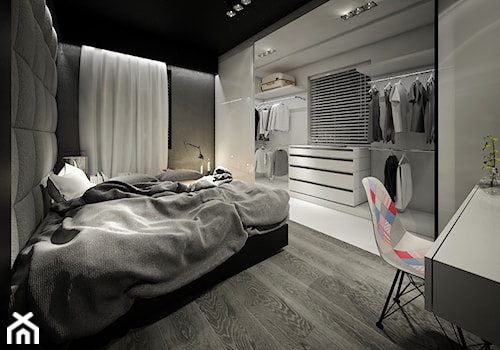 deep focus - Średnia biała czarna z biurkiem sypialnia z garderobą - zdjęcie od Otwarte Studio Sztuka