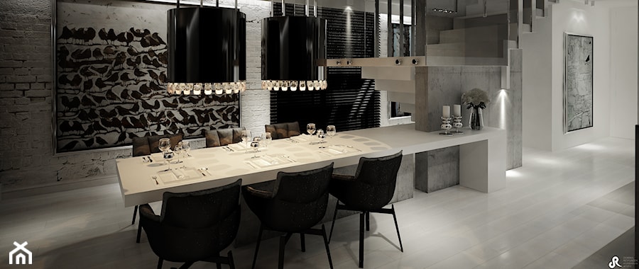 Dom B - projekt wnetrza - Średnia biała jadalnia w salonie, styl glamour - zdjęcie od Otwarte Studio Sztuka