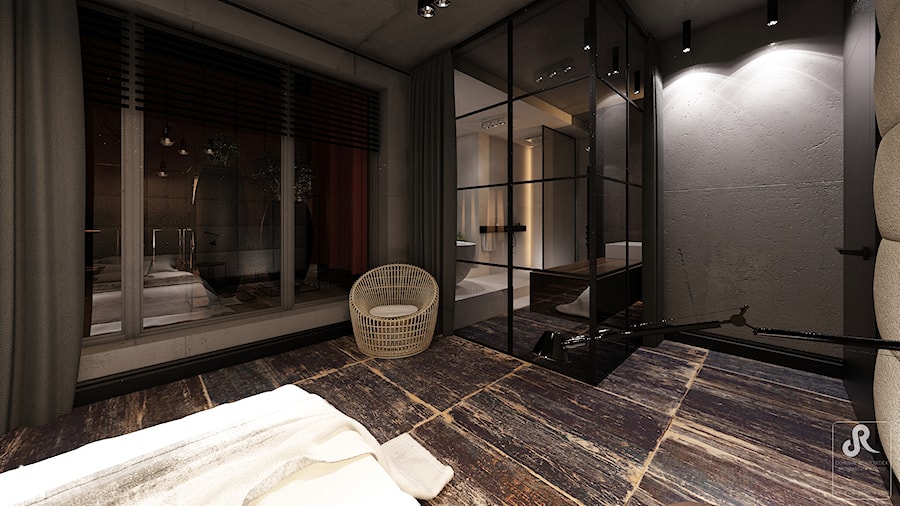 DRAFT WOOD - Duża beżowa szara z panelami tapicerowanymi sypialnia z łazienką, styl industrialny - zdjęcie od Otwarte Studio Sztuka
