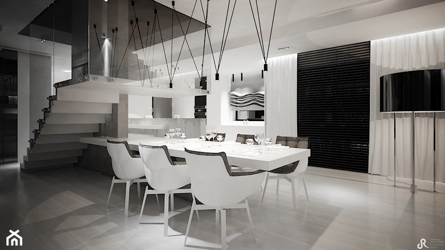 Dom B - projekt wnetrza - Duża biała jadalnia w salonie, styl minimalistyczny - zdjęcie od Otwarte Studio Sztuka