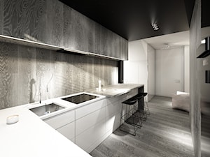 deep focus - Średnia otwarta biała szara z zabudowaną lodówką kuchnia w kształcie litery u, styl minimalistyczny - zdjęcie od Otwarte Studio Sztuka
