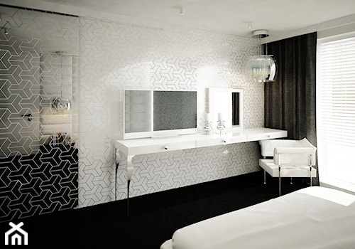 Dom B - projekt wnetrza - Duża biała z panelami tapicerowanymi sypialnia, styl glamour - zdjęcie od Otwarte Studio Sztuka