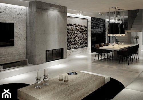 Dom B - projekt wnetrza - Duży biały szary salon z jadalnią, styl glamour - zdjęcie od Otwarte Studio Sztuka