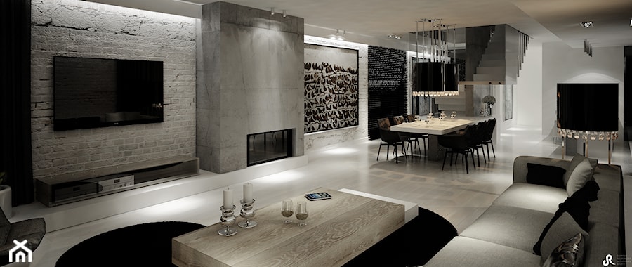 Dom B - projekt wnetrza - Duży biały szary salon z jadalnią, styl glamour - zdjęcie od Otwarte Studio Sztuka