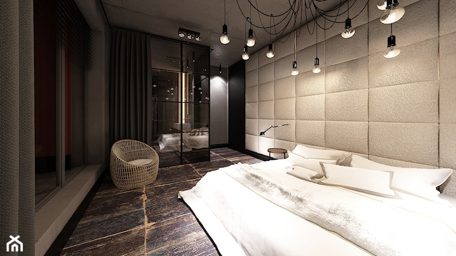 DRAFT WOOD - Duża beżowa sypialnia, styl industrialny - zdjęcie od Otwarte Studio Sztuka