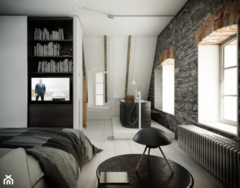 KU_GO - Średnia czarna szara sypialnia na poddaszu, styl rustykalny - zdjęcie od Cutout Architects