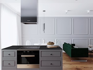 LOG - Średnia z salonem szara z zabudowaną lodówką kuchnia z wyspą lub półwyspem z oknem, styl minimalistyczny - zdjęcie od Cutout Architects