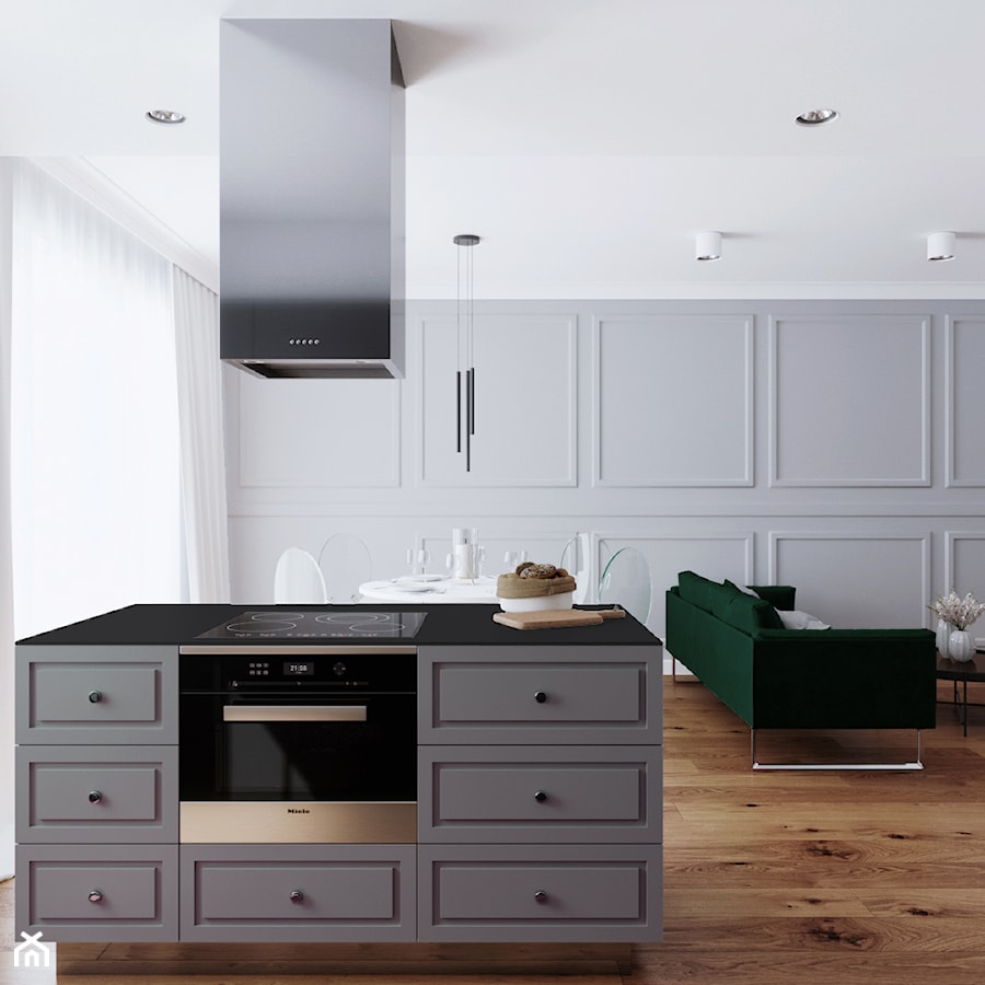 LOG - Średnia z salonem szara z zabudowaną lodówką kuchnia z wyspą lub półwyspem z oknem, styl minimalistyczny - zdjęcie od Cutout Architects
