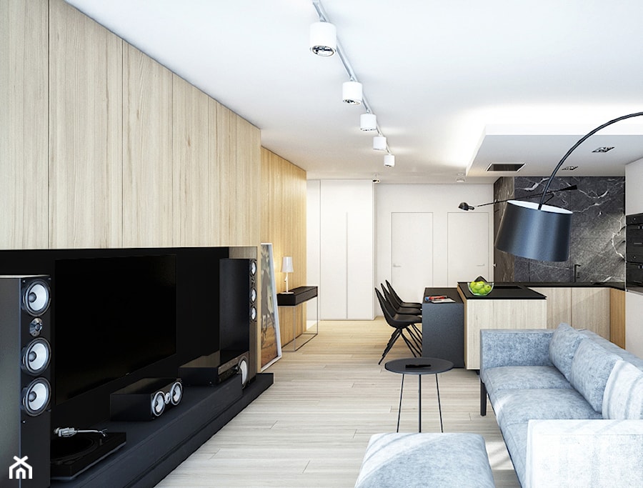 Średni biały brązowy salon z jadalnią, styl nowoczesny - zdjęcie od Cutout Architects