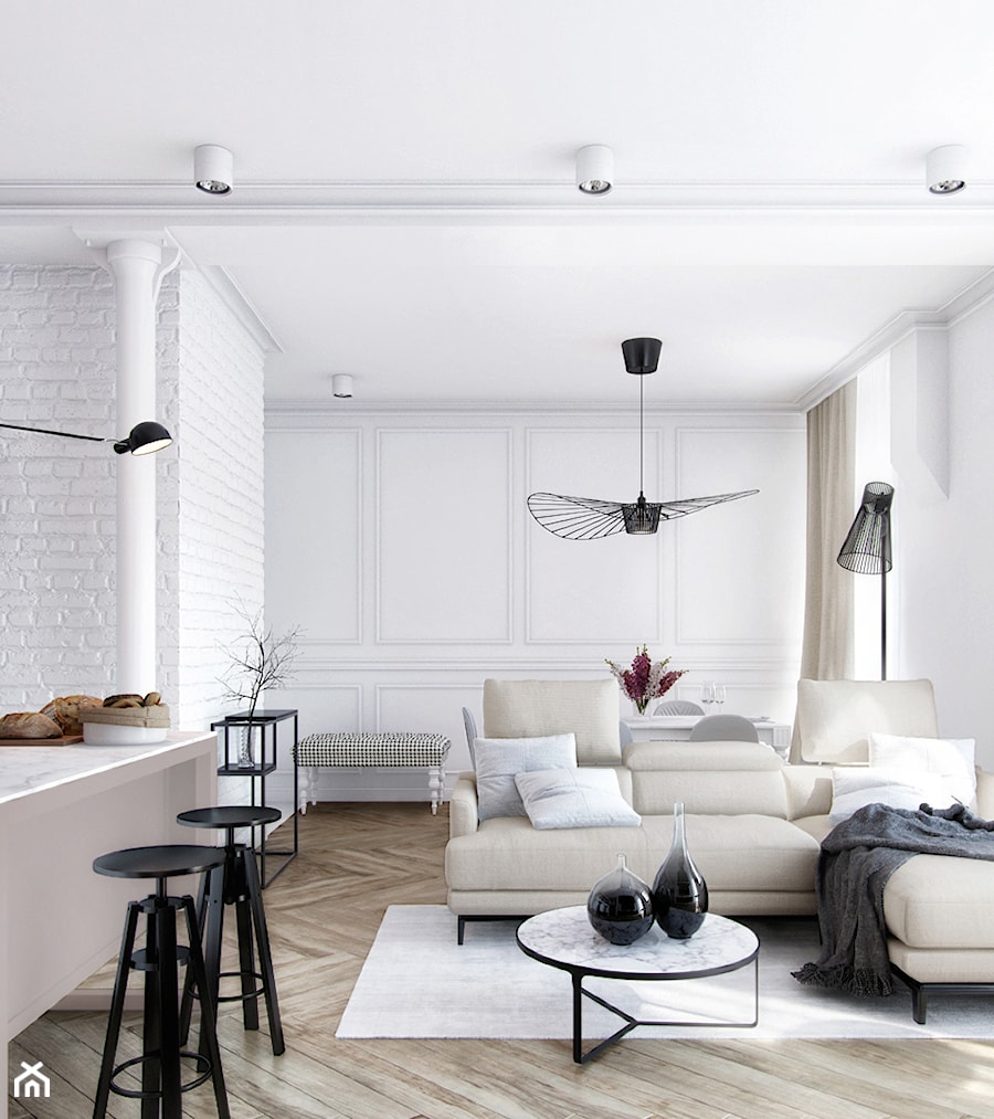ZG - Biały salon z jadalnią, styl industrialny - zdjęcie od Cutout Architects