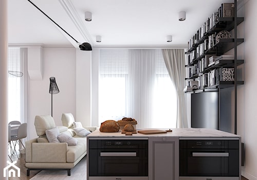 ZG - Średni beżowy biały salon z kuchnią z jadalnią z bibiloteczką, styl nowoczesny - zdjęcie od Cutout Architects