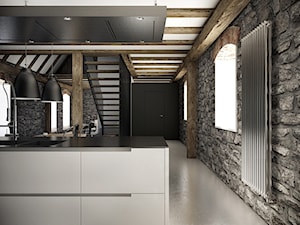 KU_GO - Średnia otwarta z salonem czarna szara z zabudowaną lodówką z podblatowym zlewozmywakiem kuchnia jednorzędowa z wyspą lub półwyspem z oknem z marmurem nad blatem kuchennym, styl rustykalny - zdjęcie od Cutout Architects