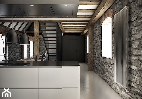 KU_GO - Średnia otwarta z salonem czarna szara z zabudowaną lodówką z podblatowym zlewozmywakiem kuchnia jednorzędowa z wyspą lub półwyspem z oknem z marmurem nad blatem kuchennym, styl rustykalny - zdjęcie od Cutout Architects