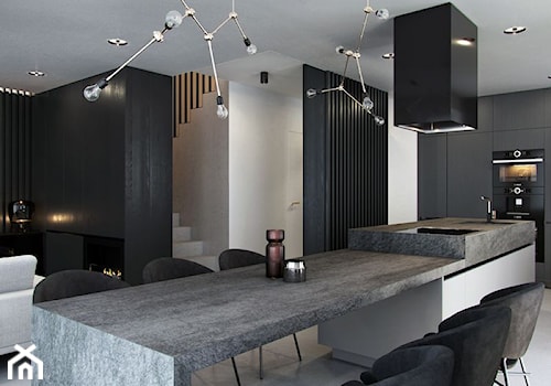 BA - Średnia otwarta czarna szara z zabudowaną lodówką z podblatowym zlewozmywakiem kuchnia jednorzędowa z wyspą lub półwyspem z oknem, styl minimalistyczny - zdjęcie od Cutout Architects