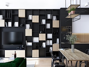 SKARB - Średni biały czarny salon z kuchnią z jadalnią, styl nowoczesny - zdjęcie od Cutout Architects