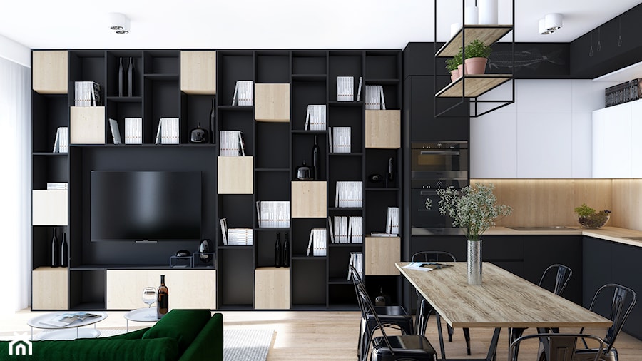 SKARB - Średni biały czarny salon z kuchnią z jadalnią, styl nowoczesny - zdjęcie od Cutout Architects