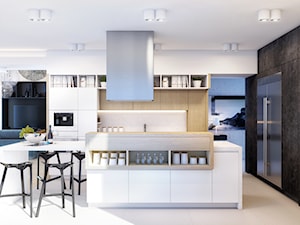 OPO - Duża otwarta czarna szara z zabudowaną lodówką kuchnia dwurzędowa z wyspą lub półwyspem - zdjęcie od Cutout Architects