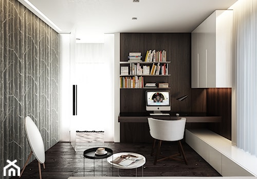 BS - Średnie z sofą z zabudowanym biurkiem brązowe biuro, styl nowoczesny - zdjęcie od Cutout Architects