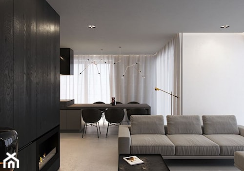 BA - Średni biały czarny salon z kuchnią z jadalnią, styl minimalistyczny - zdjęcie od Cutout Architects