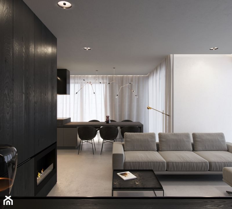 BA - Średni biały czarny salon z kuchnią z jadalnią, styl minimalistyczny - zdjęcie od Cutout Architects
