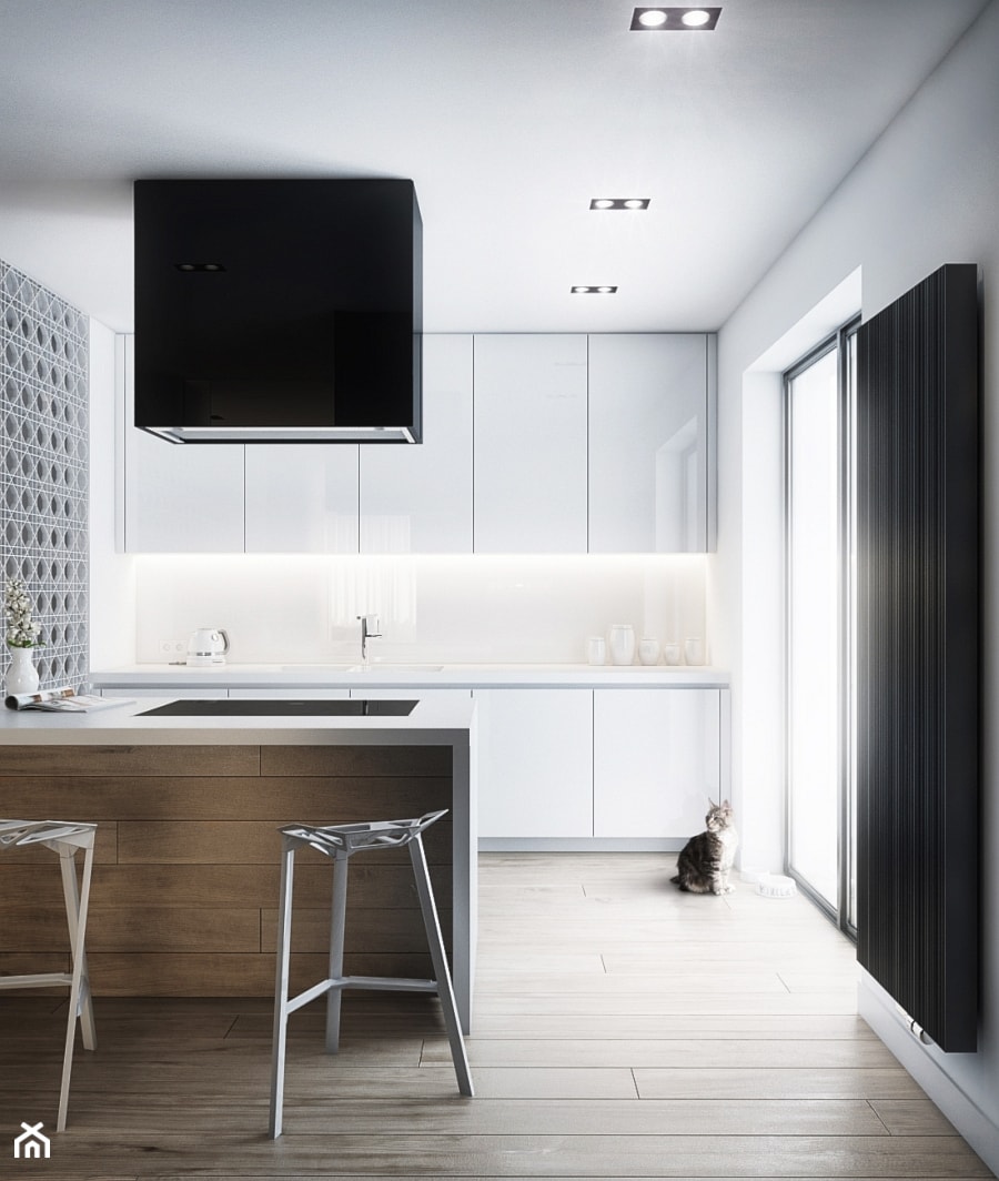 Vincent Cat - Średnia otwarta z salonem biała z podblatowym zlewozmywakiem kuchnia dwurzędowa z wyspą lub półwyspem, styl nowoczesny - zdjęcie od Cutout Architects