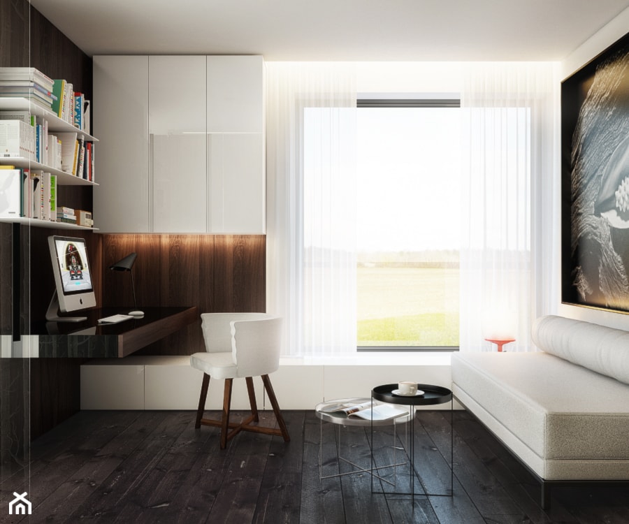 BS - Średnie z sofą z zabudowanym biurkiem białe biuro, styl nowoczesny - zdjęcie od Cutout Architects