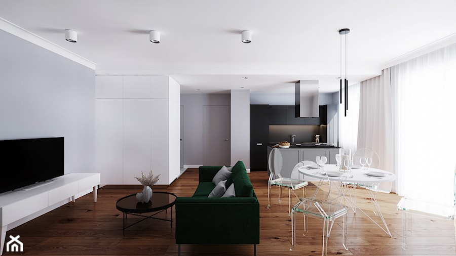 LOG - Średni szary salon z kuchnią z jadalnią, styl minimalistyczny - zdjęcie od Cutout Architects