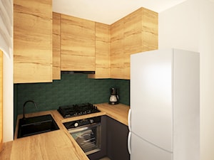 Mieszkanie z cegłą - Mała z salonem biała zielona z zabudowaną lodówką z lodówką wolnostojącą z nablatowym zlewozmywakiem kuchnia w kształcie litery u, styl industrialny - zdjęcie od STYLOVE M2