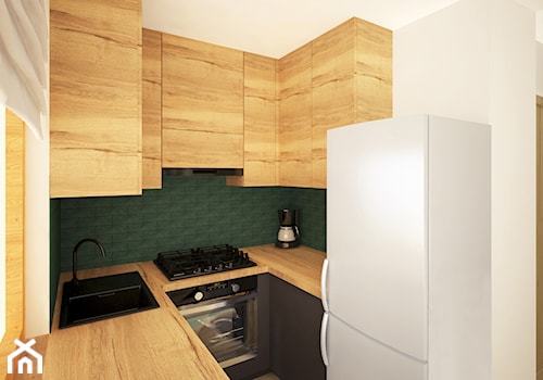 Mieszkanie z cegłą - Mała z salonem biała zielona z zabudowaną lodówką z lodówką wolnostojącą z nablatowym zlewozmywakiem kuchnia w kształcie litery u, styl industrialny - zdjęcie od STYLOVE M2