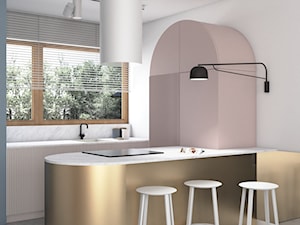 Mieszkanie lastryko Poznań - Średnia otwarta biała szara z zabudowaną lodówką z podblatowym zlewozmywakiem kuchnia dwurzędowa z oknem z marmurem nad blatem kuchennym, styl minimalistyczny - zdjęcie od zonaarchitekci