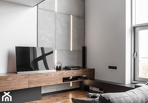 Mieszkanie dla mężczyzny - Średni biały szary salon, styl nowoczesny - zdjęcie od zonaarchitekci
