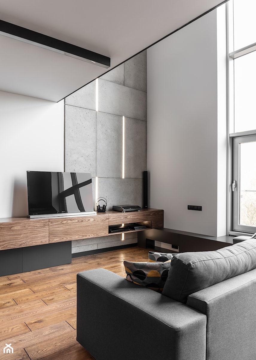 Mieszkanie dla mężczyzny - Średni biały szary salon, styl nowoczesny - zdjęcie od zonaarchitekci