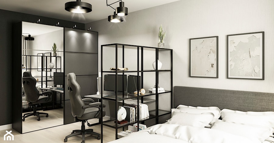 WNĘTRZA MIESZKANIA- GRODZISK MAZOWIECKI - Średnia biała czarna z biurkiem sypialnia, styl industrialny - zdjęcie od AP KWADRAT