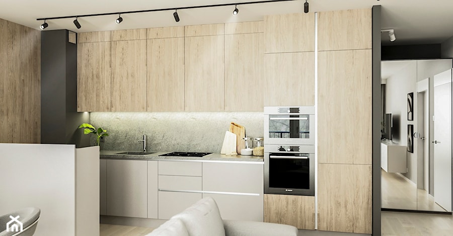 WNĘTRZA MIESZKANIA- GRODZISK MAZOWIECKI - Mała otwarta z salonem czarna szara z zabudowaną lodówką z podblatowym zlewozmywakiem kuchnia dwurzędowa, styl minimalistyczny - zdjęcie od AP KWADRAT