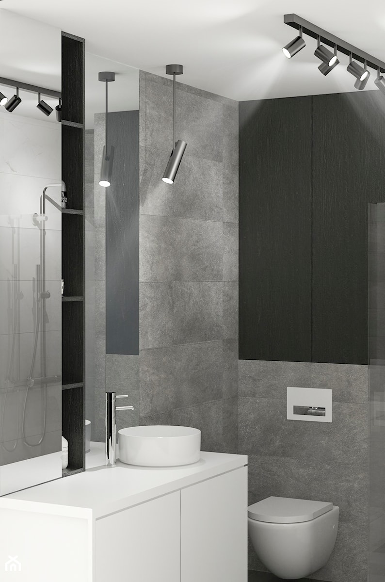 WNĘTRZA MIESZKANIA- GRODZISK MAZOWIECKI - Średnia bez okna z lustrem z punktowym oświetleniem łazienka, styl minimalistyczny - zdjęcie od AP KWADRAT