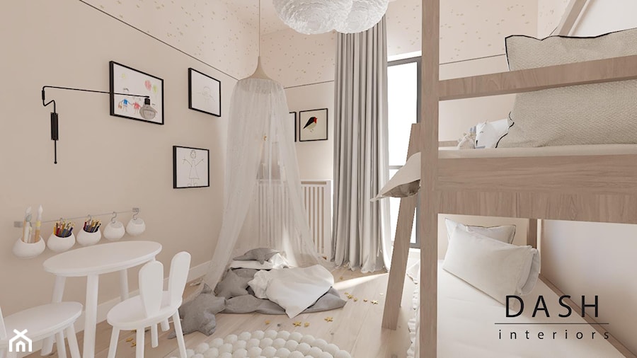 Mieszkanie na Wilanowie 2 - Mały beżowy różowy pokój dziecka dla dziecka dla dziewczynki dla rodzeństwa, styl skandynawski - zdjęcie od Dash Interiors