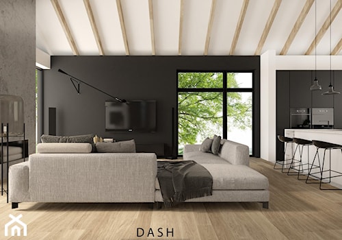 Dom pod Warszawą - Duży biały czarny salon z kuchnią z jadalnią, styl nowoczesny - zdjęcie od Dash Interiors