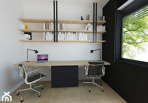 Dom pod Warszawą - Średnie w osobnym pomieszczeniu z zabudowanym biurkiem białe czarne biuro, styl nowoczesny - zdjęcie od Dash Interiors