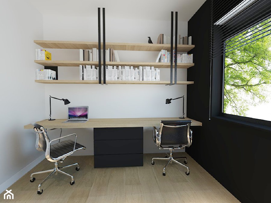 Dom pod Warszawą - Średnie w osobnym pomieszczeniu z zabudowanym biurkiem białe czarne biuro, styl nowoczesny - zdjęcie od Dash Interiors