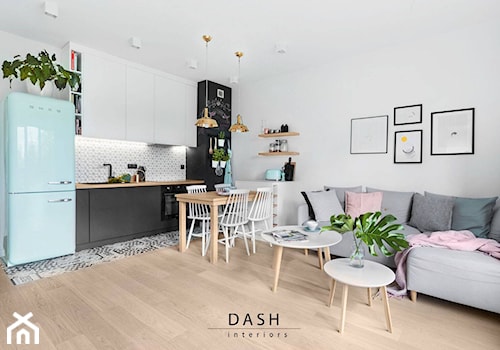 Mieszkanie na Wilanowie - Średni szary salon z kuchnią z jadalnią, styl skandynawski - zdjęcie od Dash Interiors