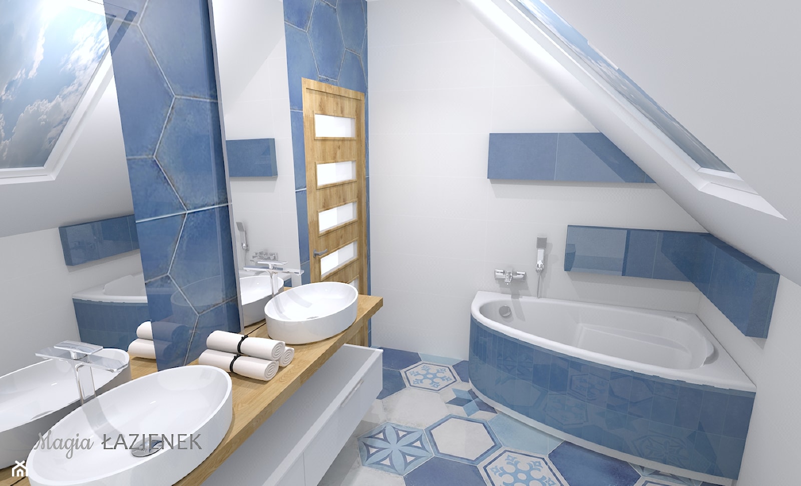Niebieska łazienka z półokrągłą wanną narożną - zdjęcie od Magia Łazienek - Homebook