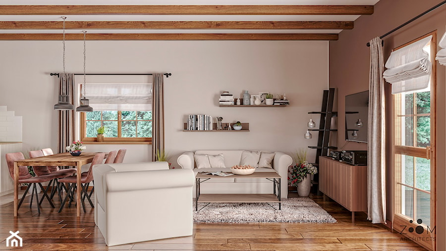 Rustykalne Mazury - Średni brązowy szary salon z jadalnią, styl rustykalny - zdjęcie od Zoom Architects