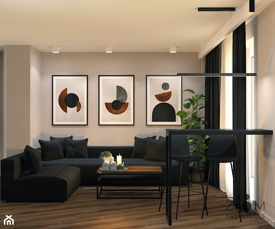Ciepłe, czarne, drewno - Salon, styl nowoczesny - zdjęcie od Zoom Architects