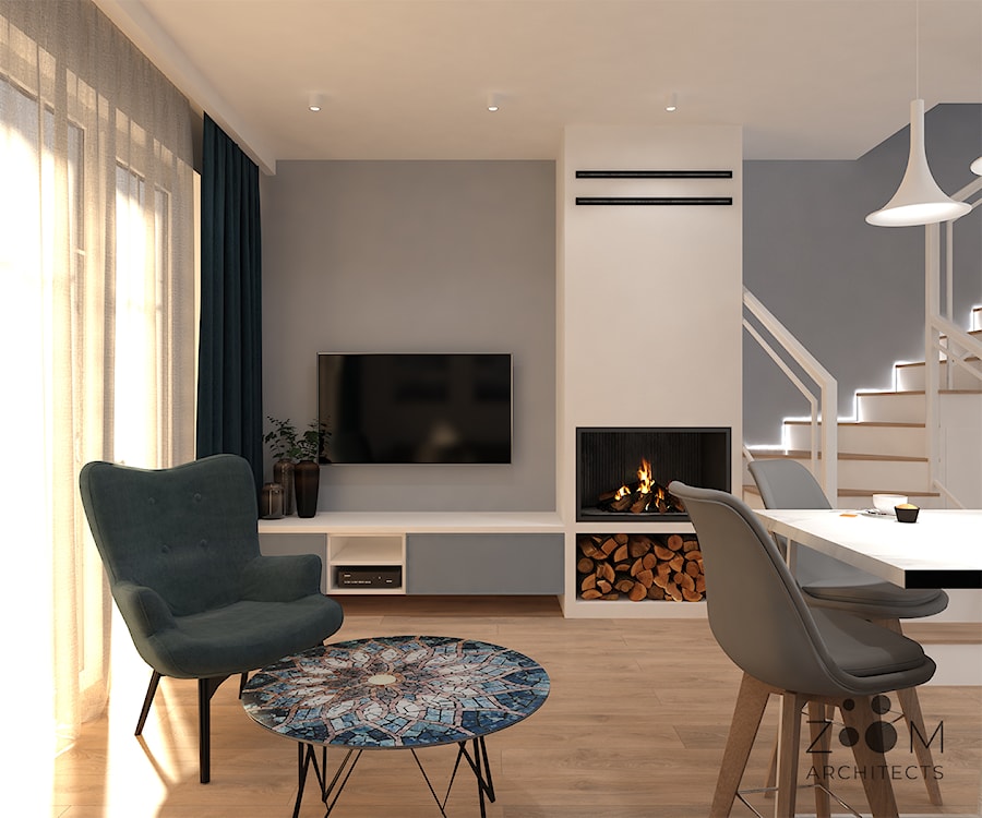 Powiew błękitu - Duży biały szary salon z jadalnią, styl skandynawski - zdjęcie od Zoom Architects