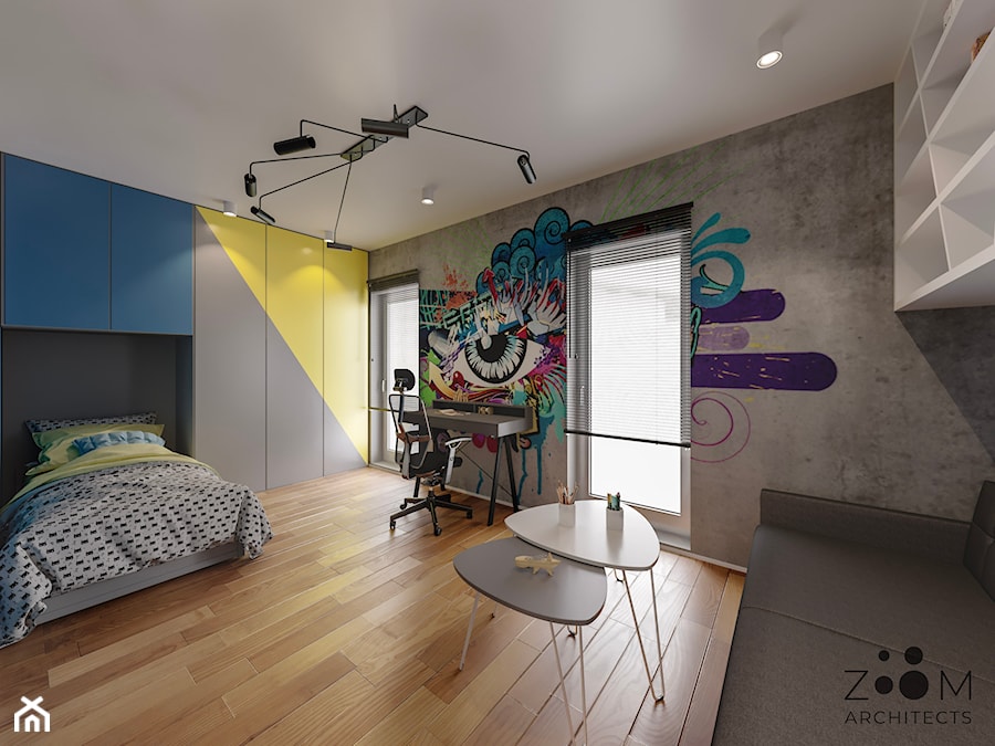 Klasyczne beże - Średni szary niebieski żółty pokój dziecka dla nastolatka dla chłopca, styl nowoczesny - zdjęcie od Zoom Architects
