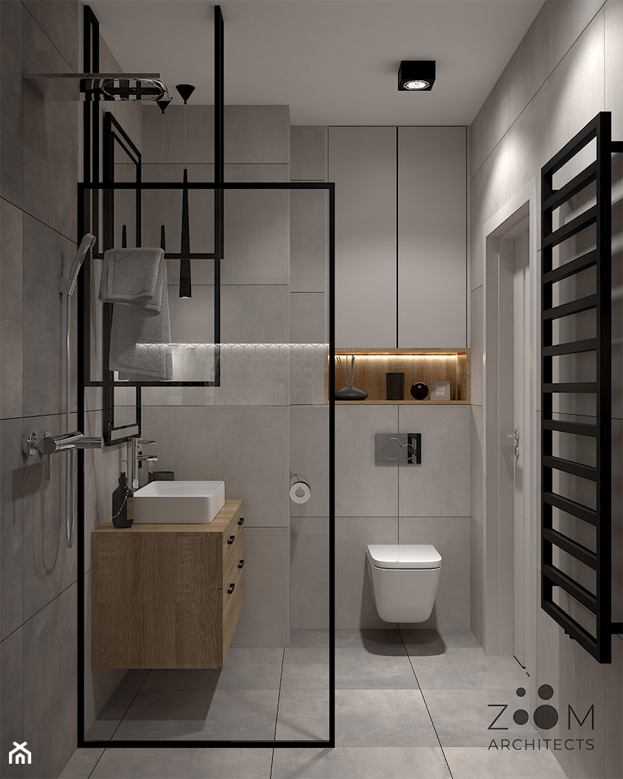 Nowoczesność z loftowymi akcentami - Mała bez okna z lustrem z punktowym oświetleniem łazienka, styl nowoczesny - zdjęcie od Zoom Architects